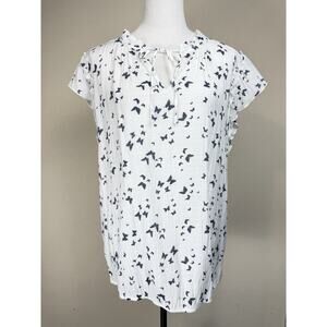 Tamara H Blouse Top 1X White with Butterflies Lightweight Gauze